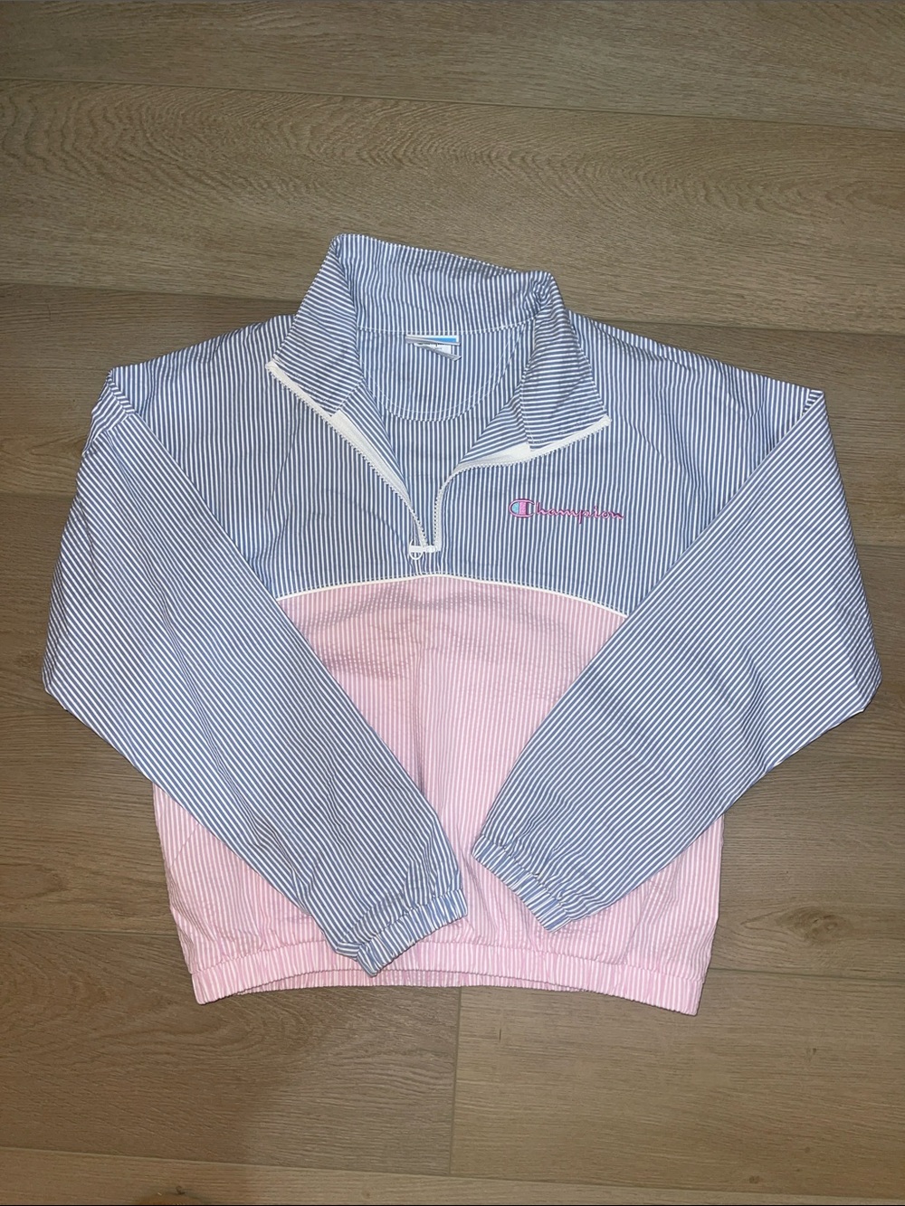 Champion Blue & Pink Striped Quarter-Zip Puffer Jacket